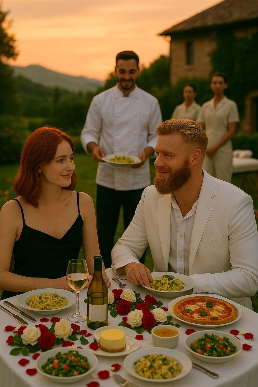 זוג חוגג עם חבילת לה קרים – פסטה, פיצה, עיסוי זוגי ושקיעה מרהיבה, מבית Le Momento
